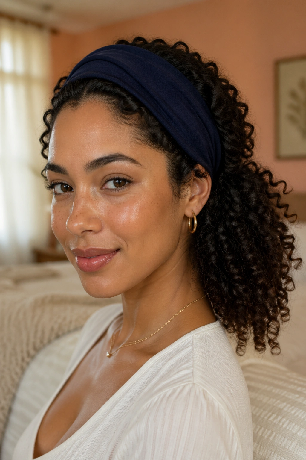 Close-up portrait of a woman wearing a wide headband with curls tucked behind it, The Headband Tuck hairstyle.
