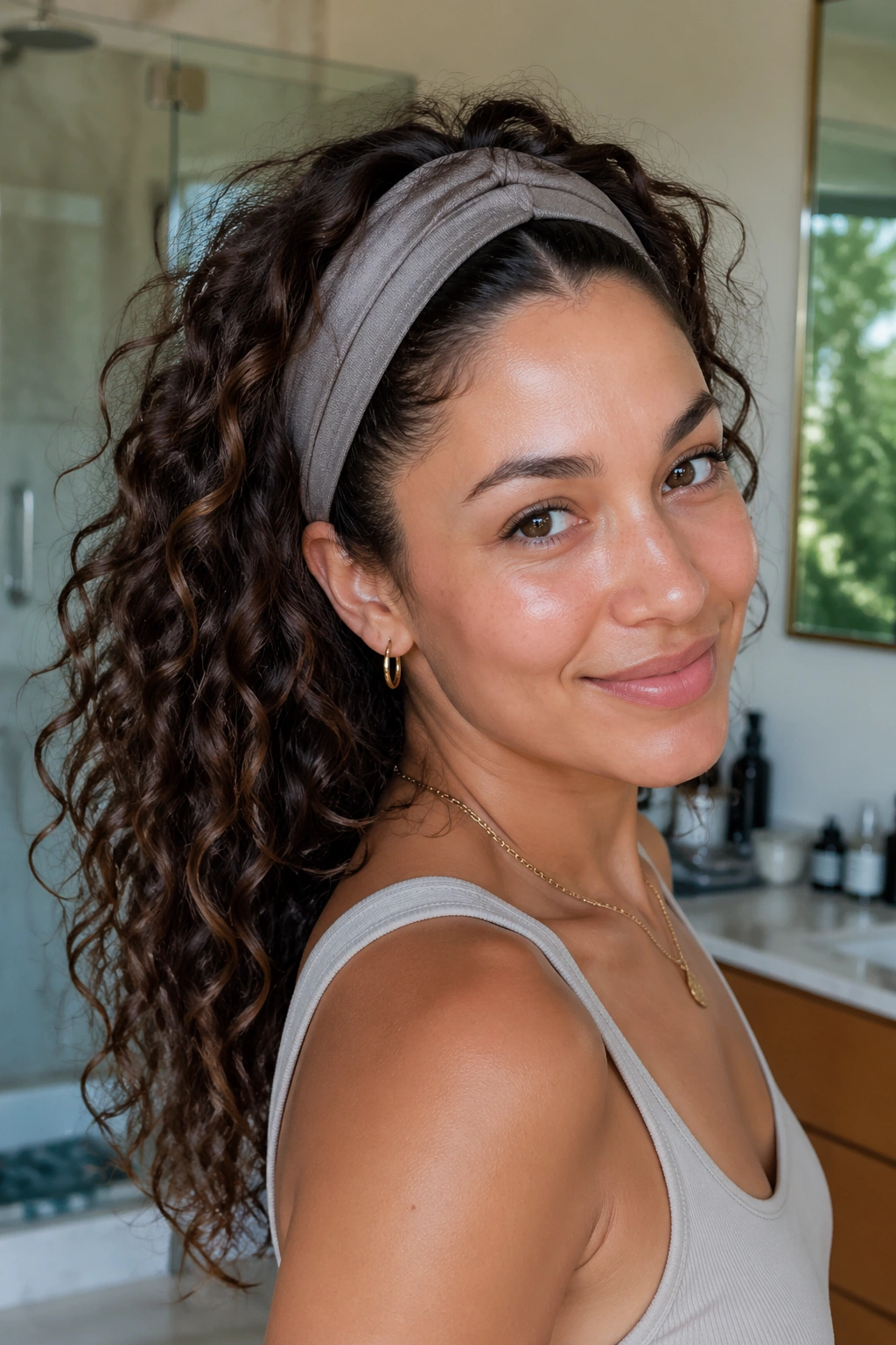 Close-up of real woman with headband tuck hairstyle