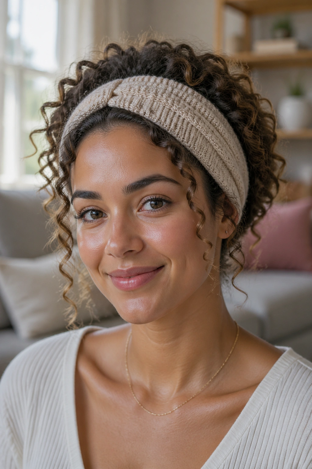 Close-up of a real woman with headband tuck hairstyle