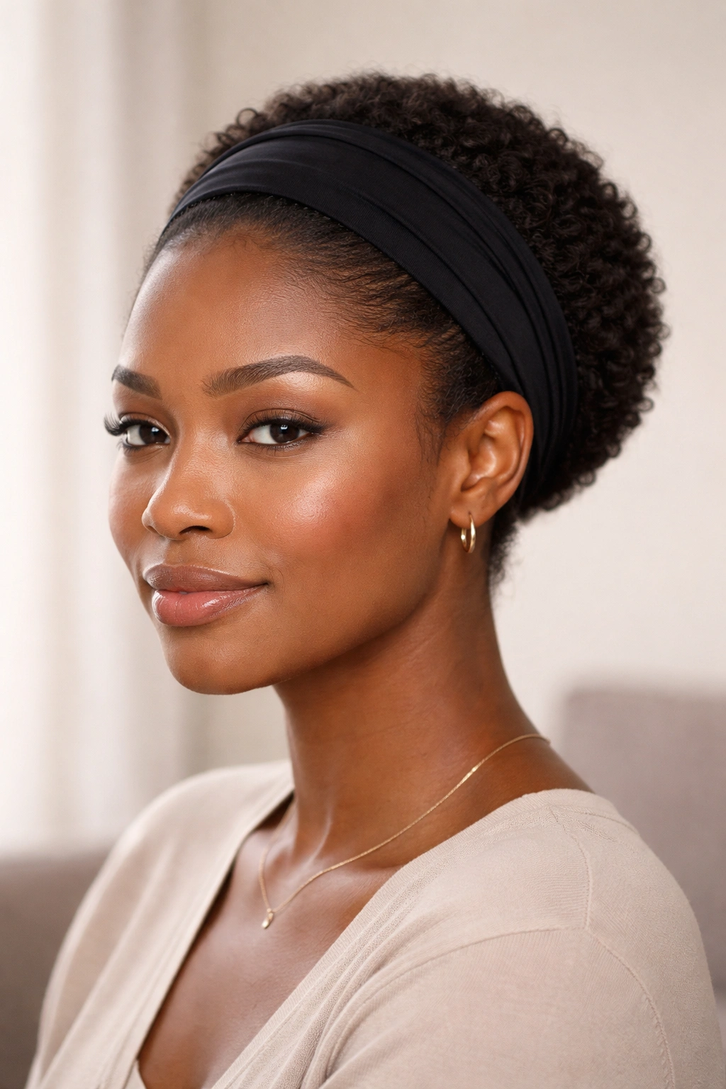 Headband tuck on short natural hair creating a low drama polished look