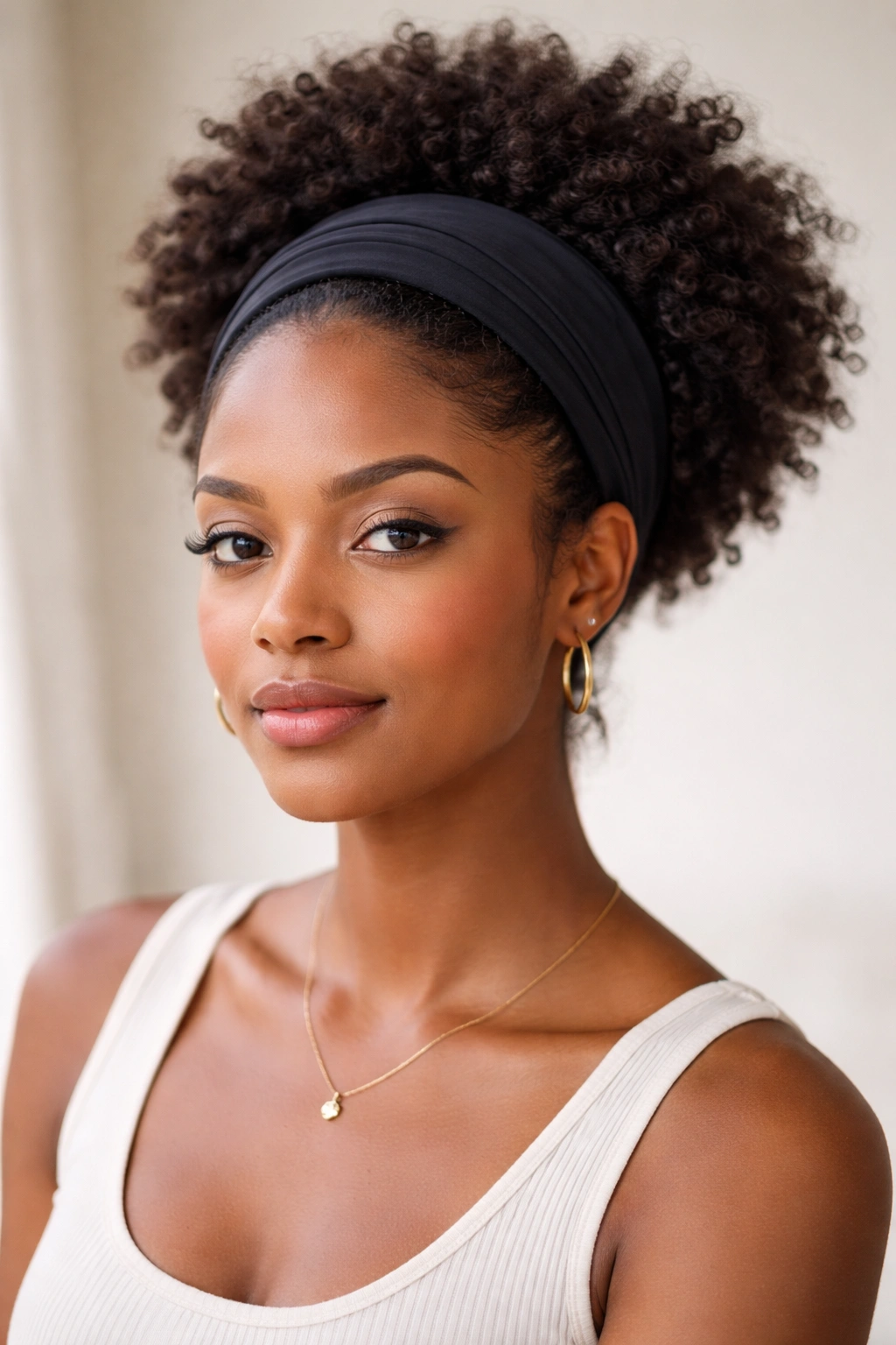 Tucked hair with a wide headband framing the face