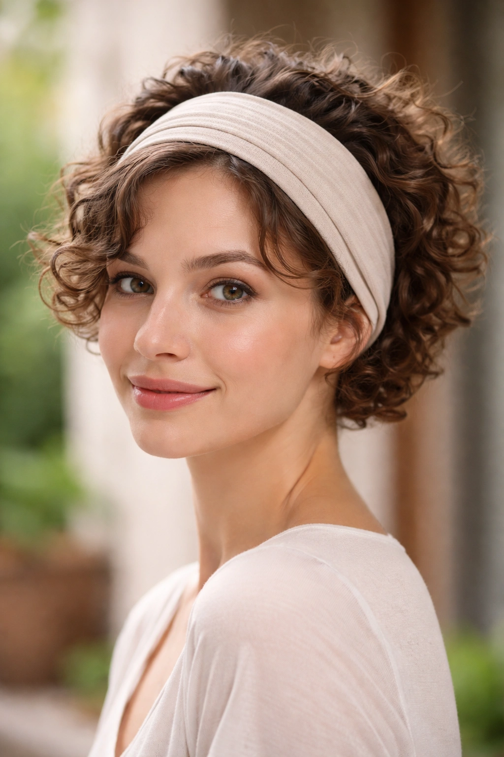 Front curls tucked under a wide headband on short curly hair