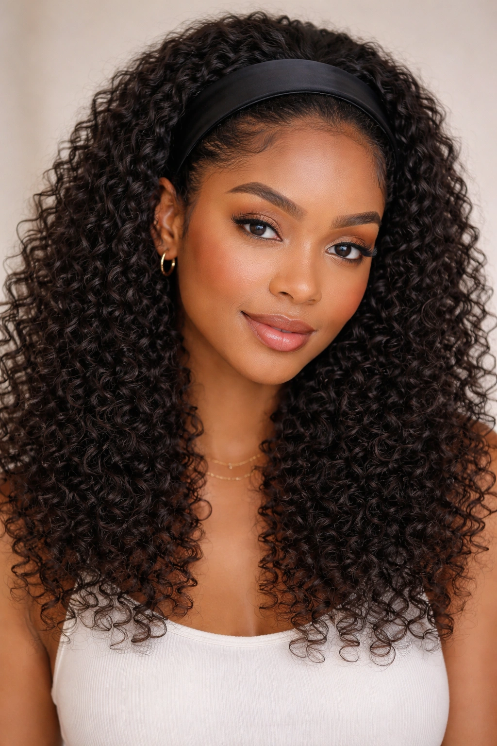 Close-up of a headband curly half-wig on a model showing neat front curls along the hairline