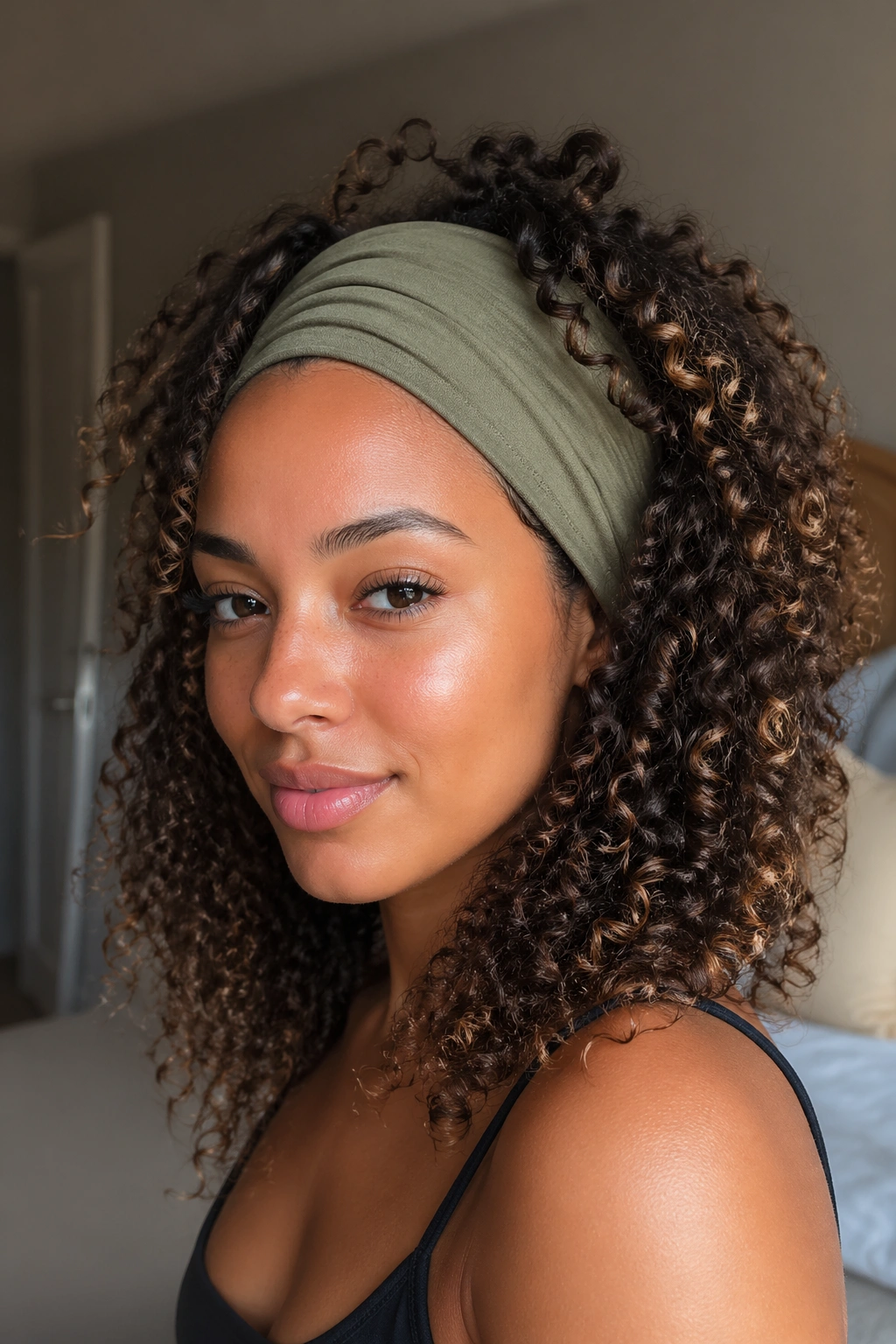Close-up of a real person wearing a wide stretch headband with curly hair.