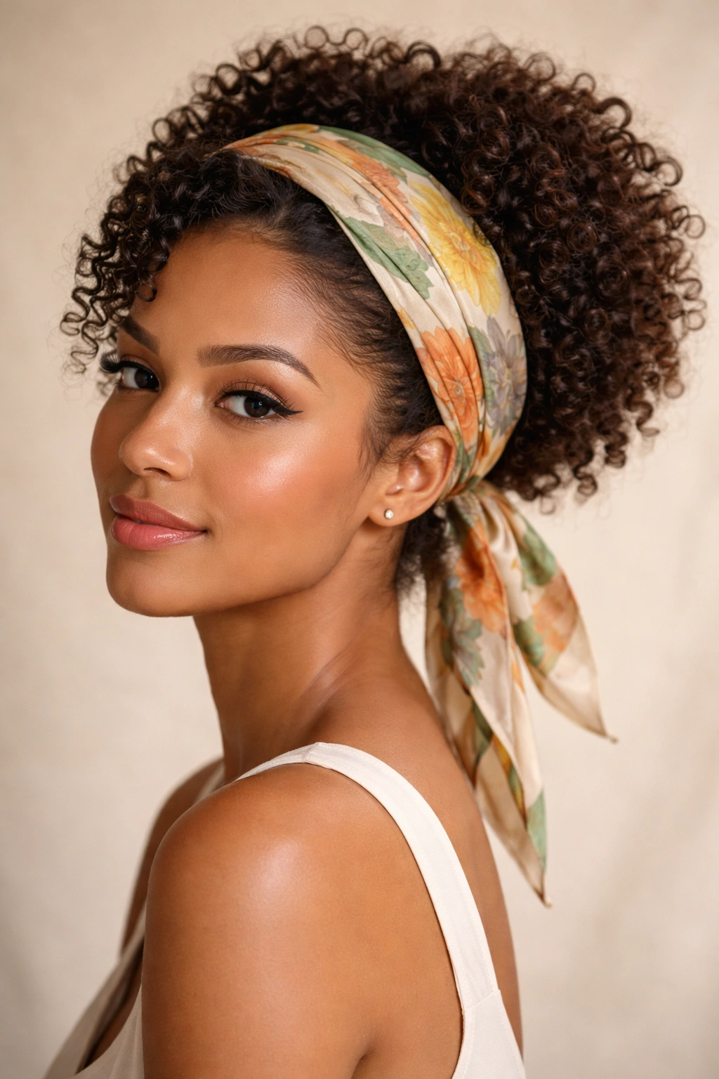 Close-up of headscarf-tied puff on curly hair with vintage 1950s styling