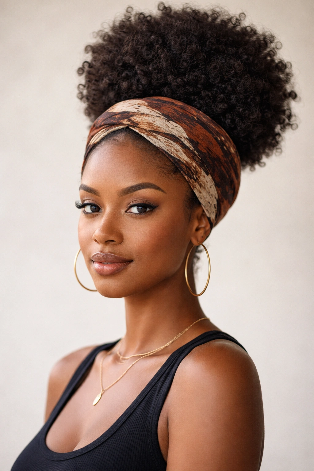 Afro puff with a neatly wrapped headwrap around the hairline.