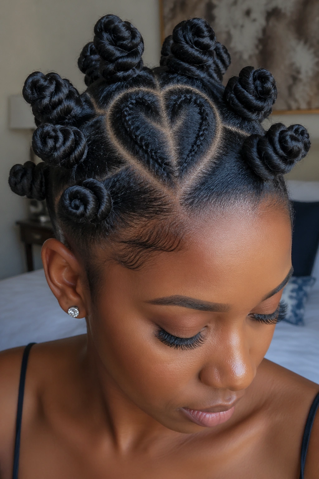 Close-up of a real woman's head showing a heart-shaped parting with flower-like Bantu knots around the crown