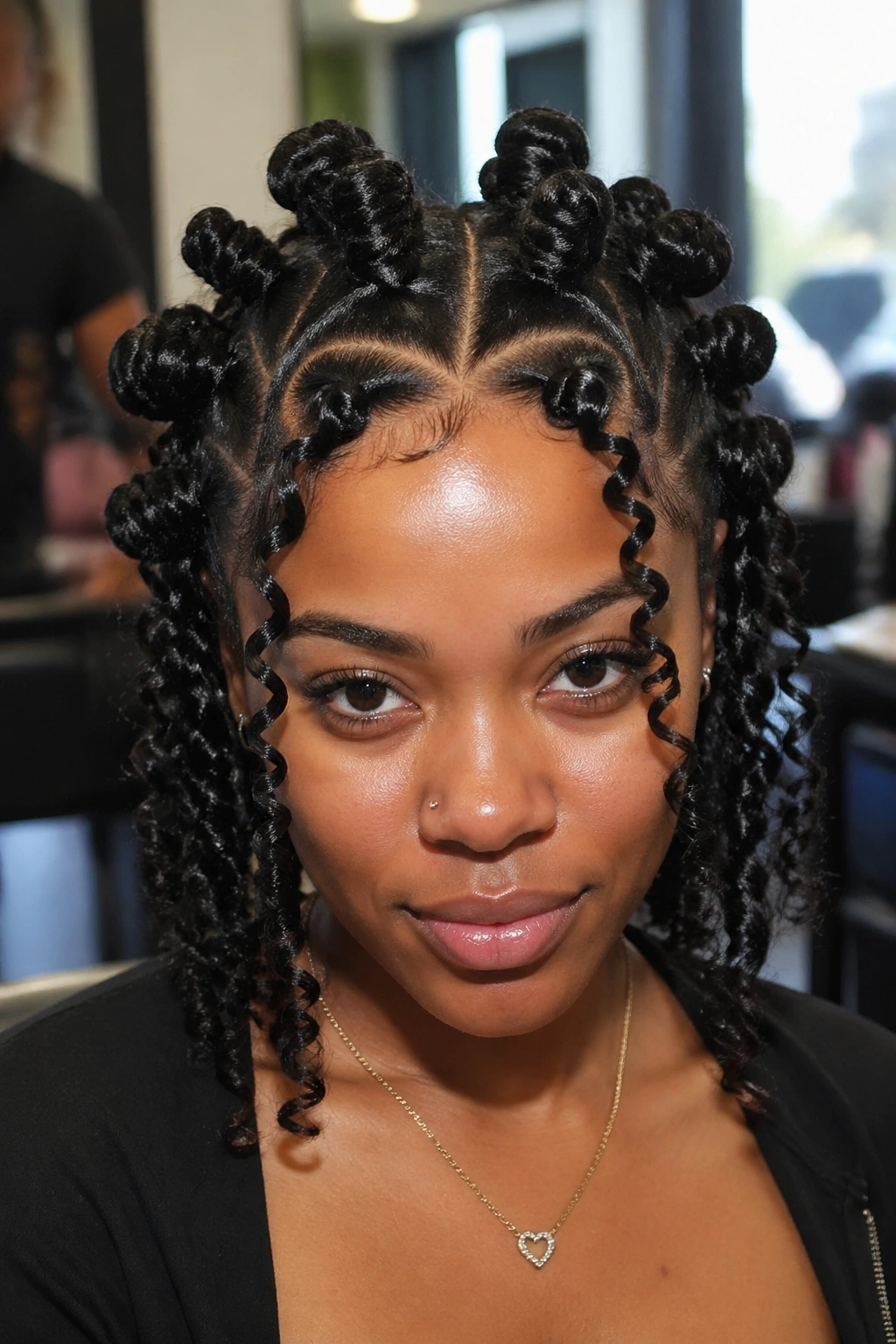Front portrait of a real person with Heart-Part Bantu Knots and springy coils