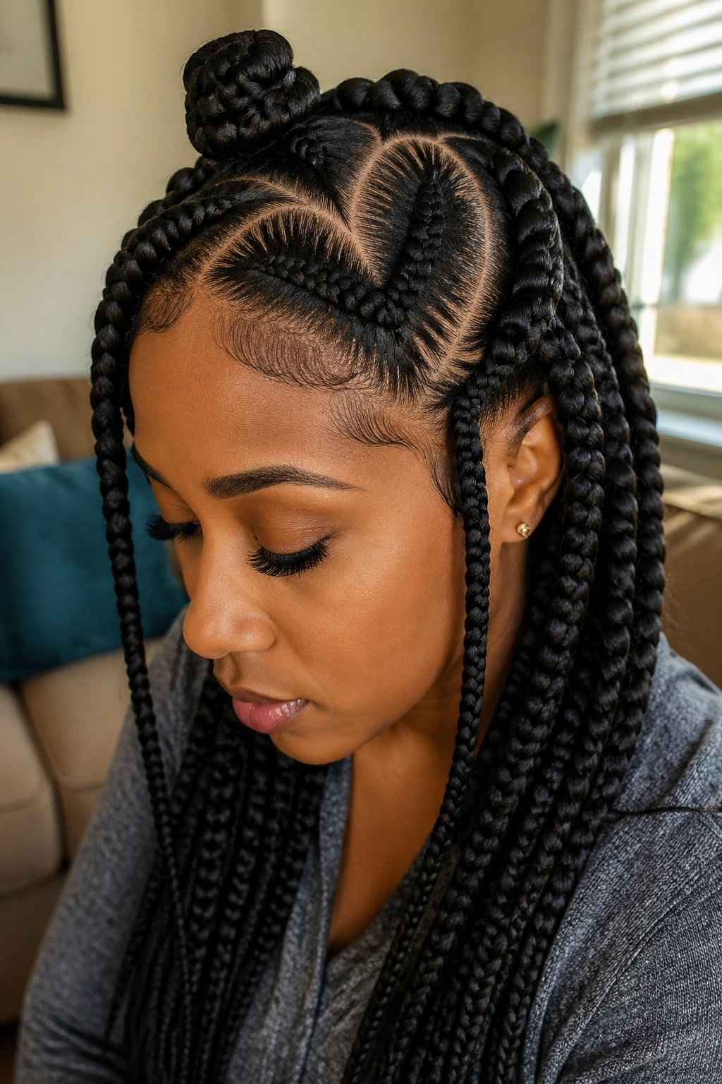 Real woman with heart-shaped part in stitch braids and small Bantu knot accents