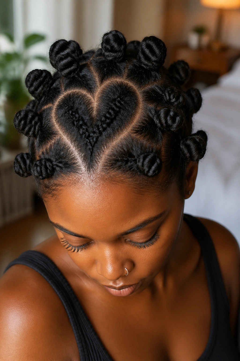 Close-up of a real woman with a crown heart-shaped part and Bantu knots on locs