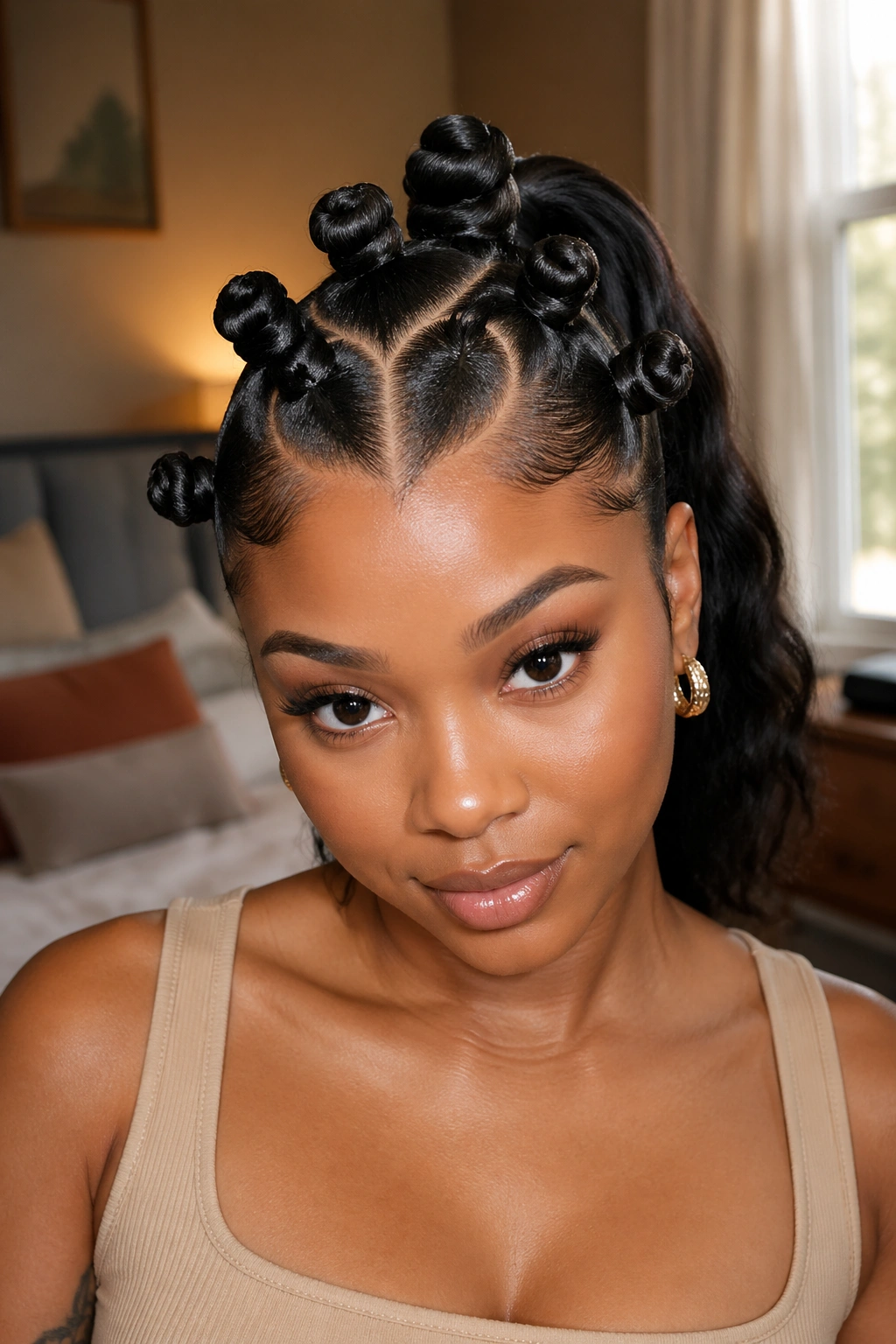 Close-up of woman with heart-shaped part and sculpted knots in ponytail