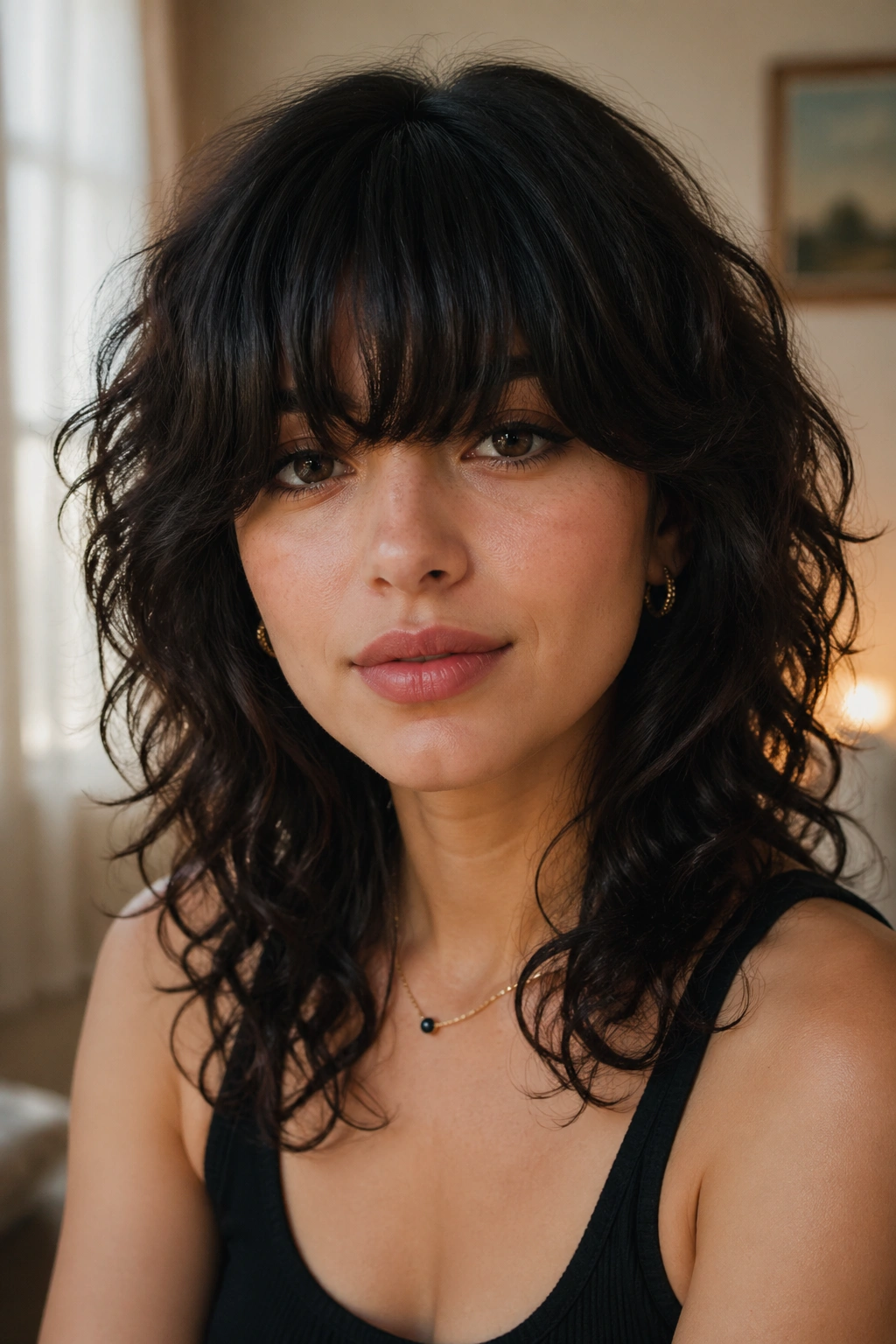 Close-up portrait of a real woman with heavy-bang shag for a heart-shaped face