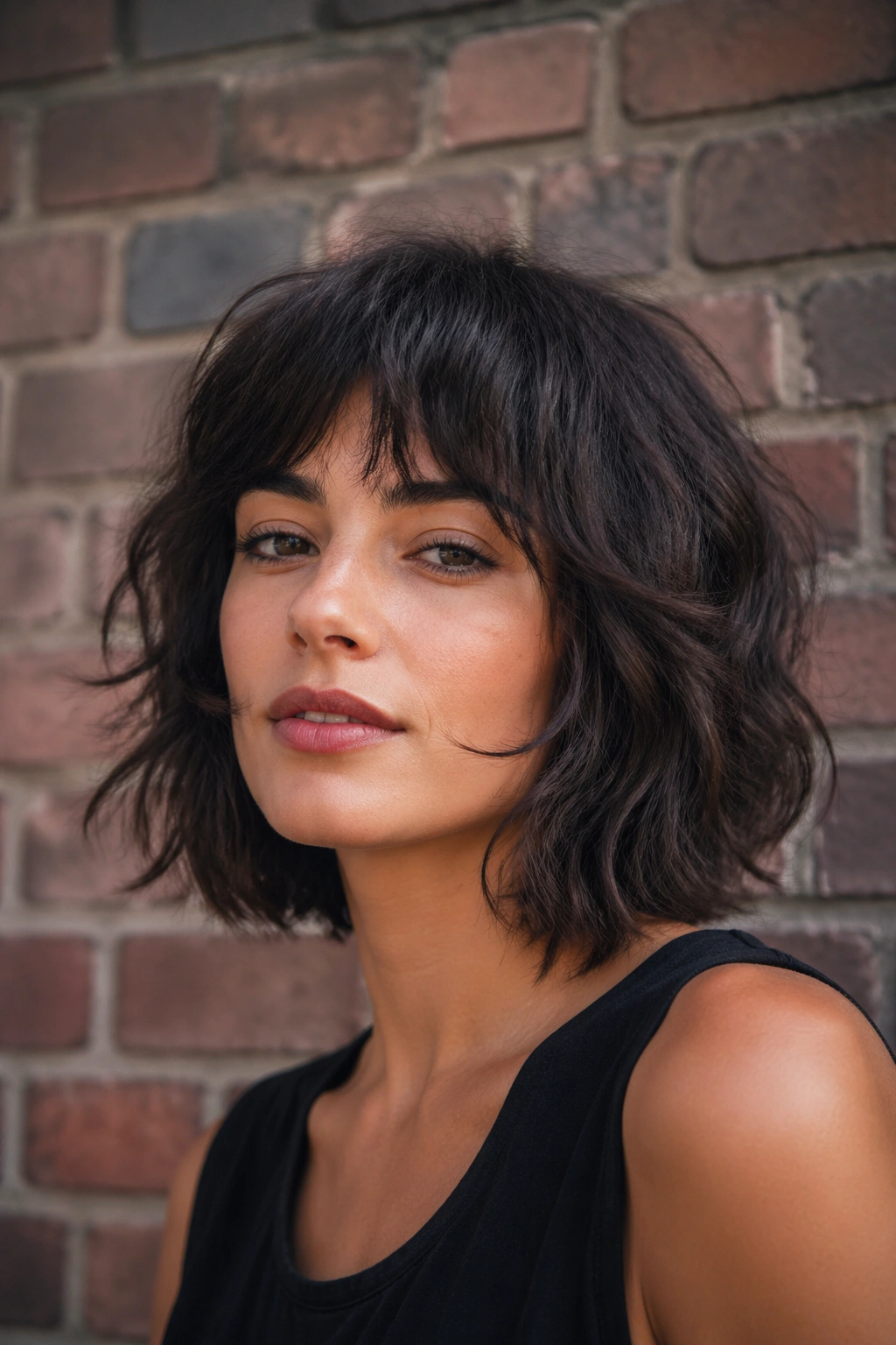 Close-up of a real woman with The Heavy-Texture French Bob Wolf Cut for Thick Hair against an urban backdrop