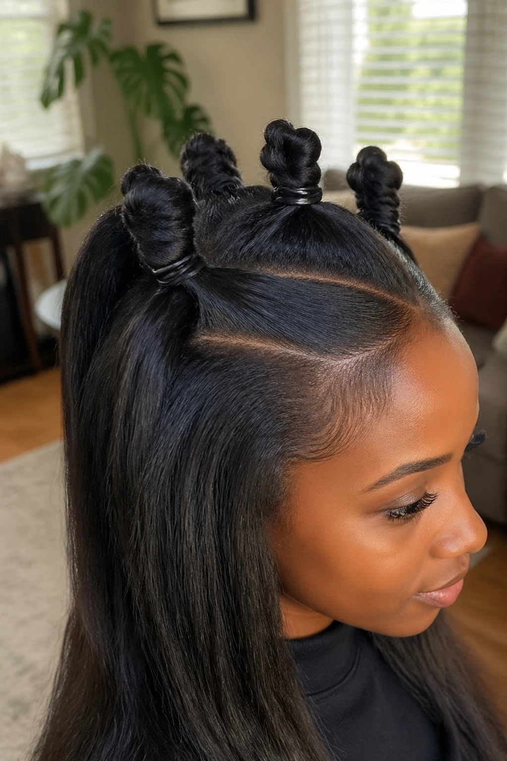 Close-up of a real woman showing hidden elastic lifts under Bantu knot crown