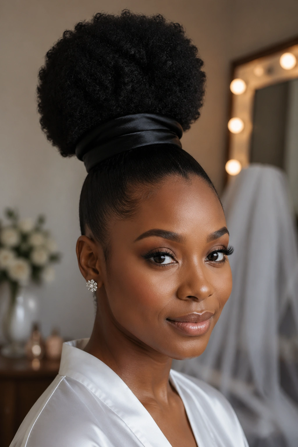 Close-up of a bride with a high afro puff and satin-wrapped base