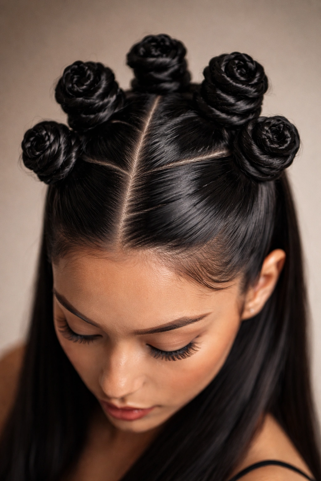 Close-up of high crown Bantu knots clustered at the top of the head
