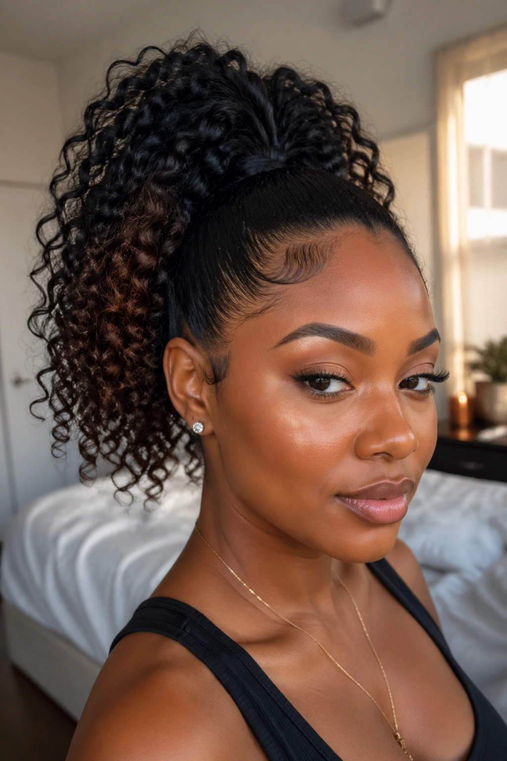 Close-up portrait of a Black woman with a high crown curly ponytail