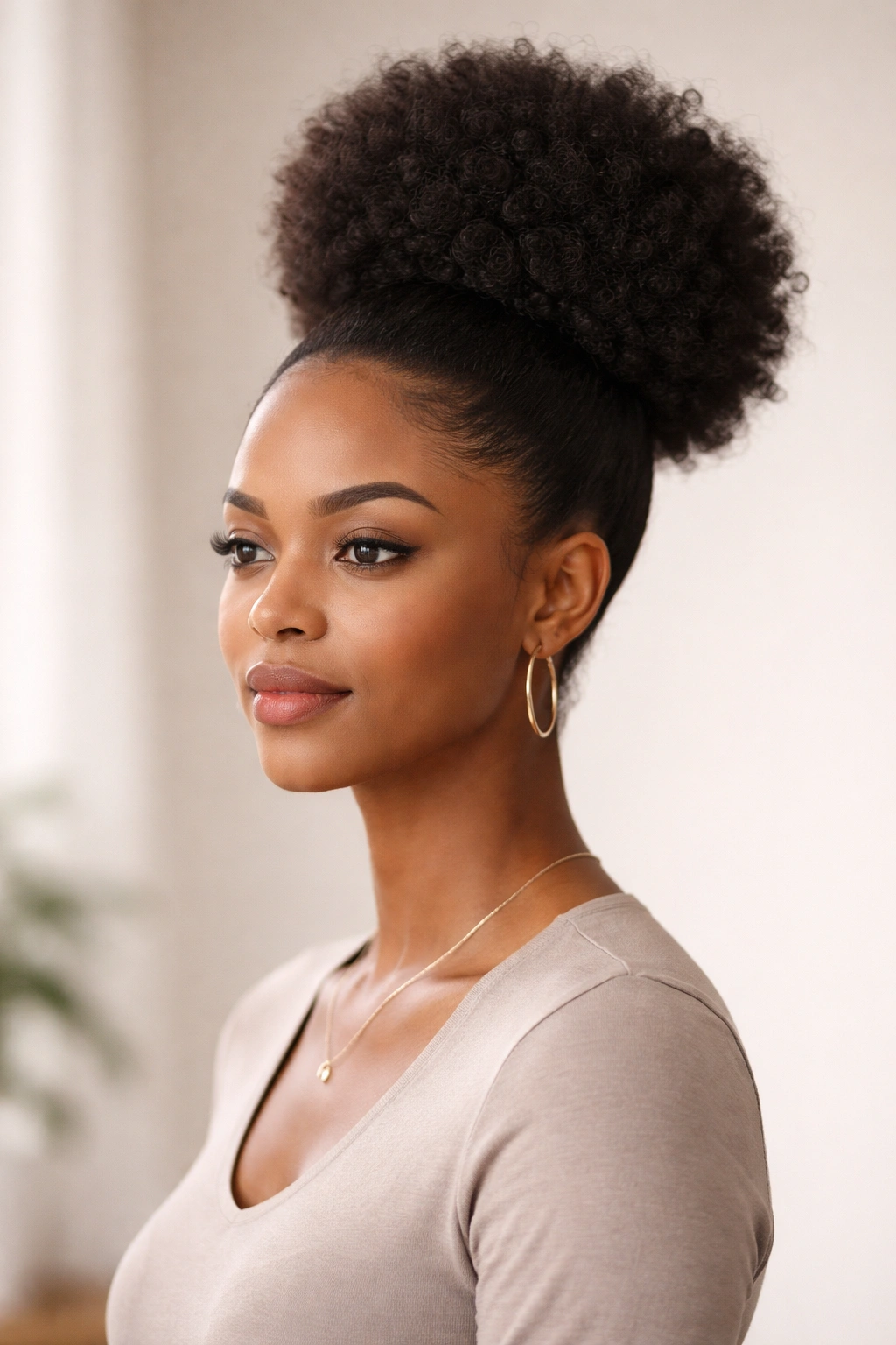 Close-up portrait of a high crown afro puff perched atop the head with a smooth base.