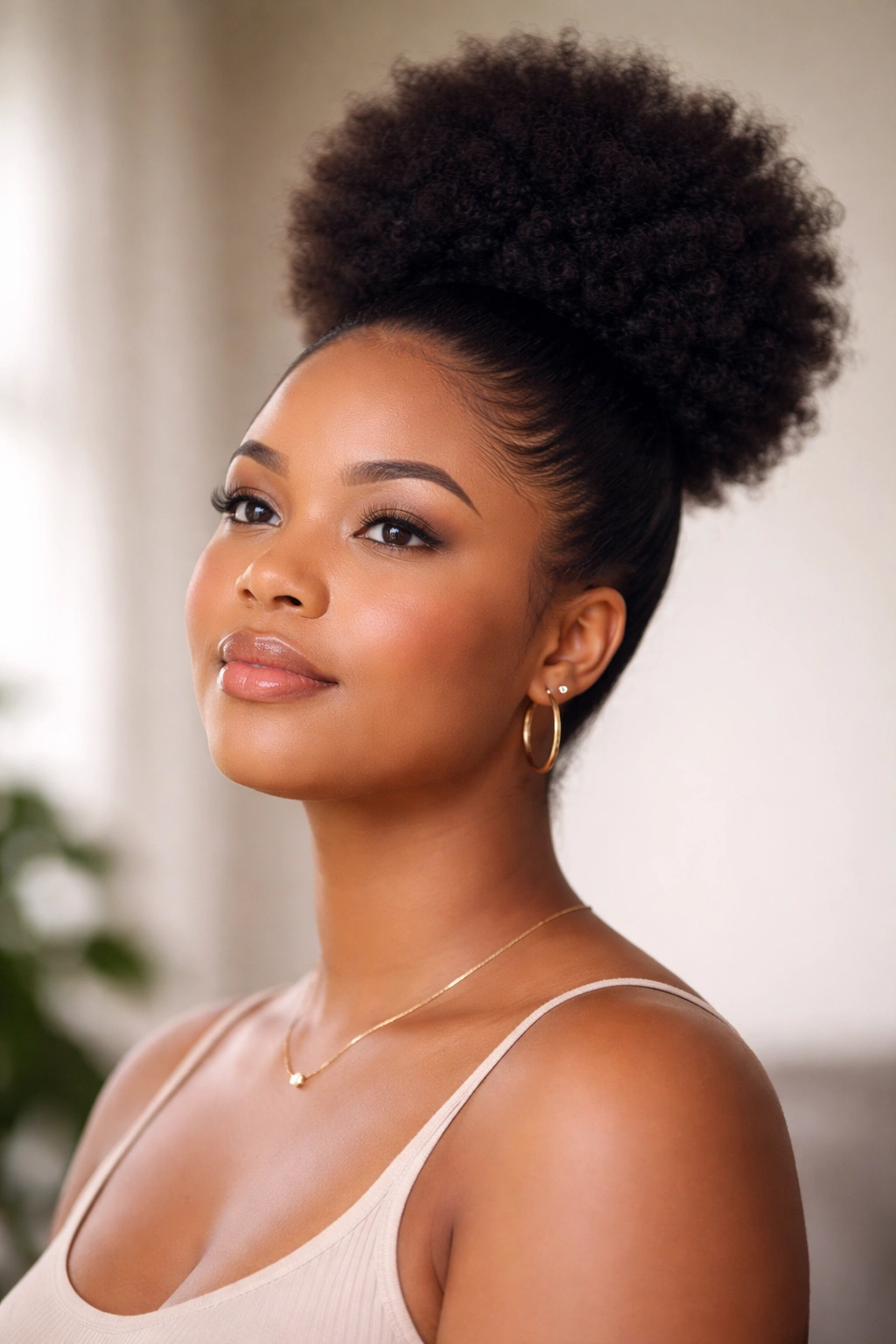 High-Crown afro puff on round face with elevated crown and smooth sides