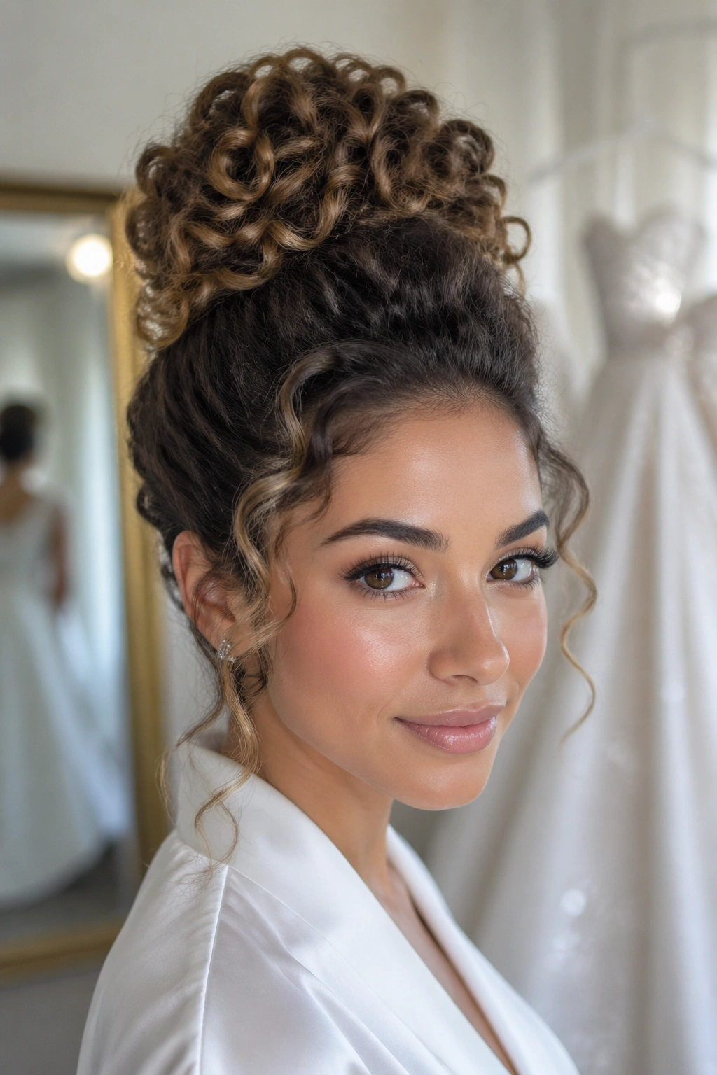 Close-up of a real woman with a high curly ballet bun in a softly lit dressing room.