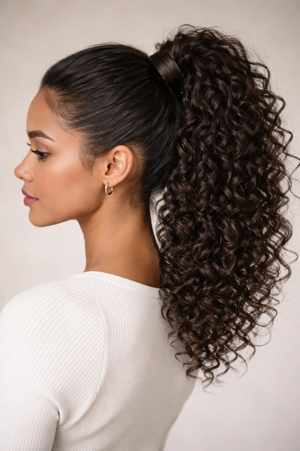 Close-up of a high curly ponytail with a wrapped base and lifted crown