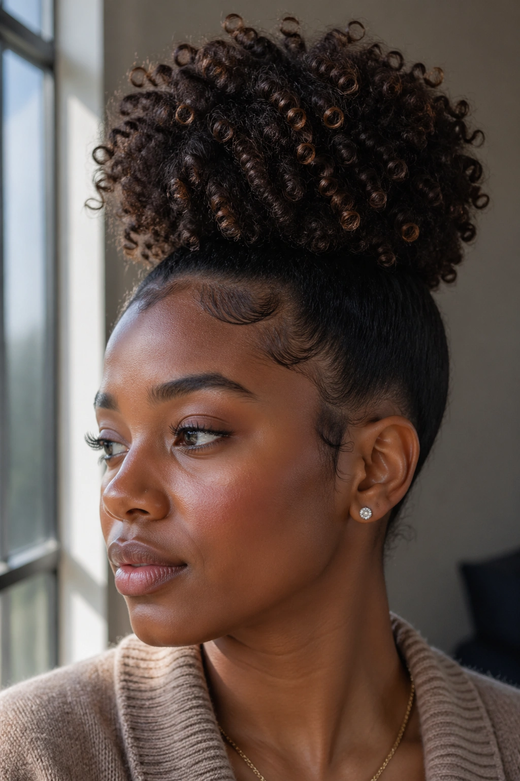 Close-up of a real person with a high curly puff on the crown
