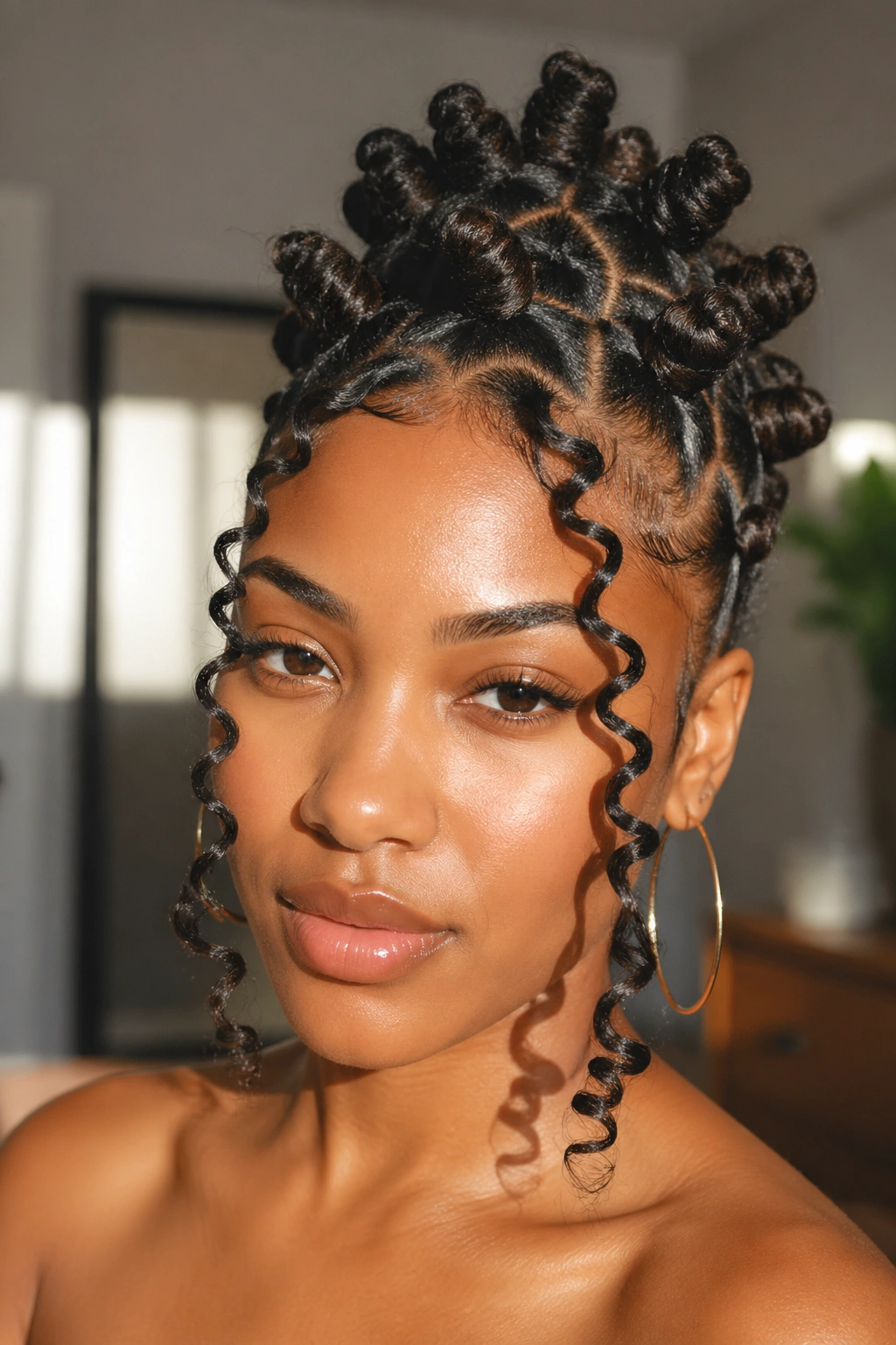 Portrait of a woman with a high half-up knot stack and face-framing curls