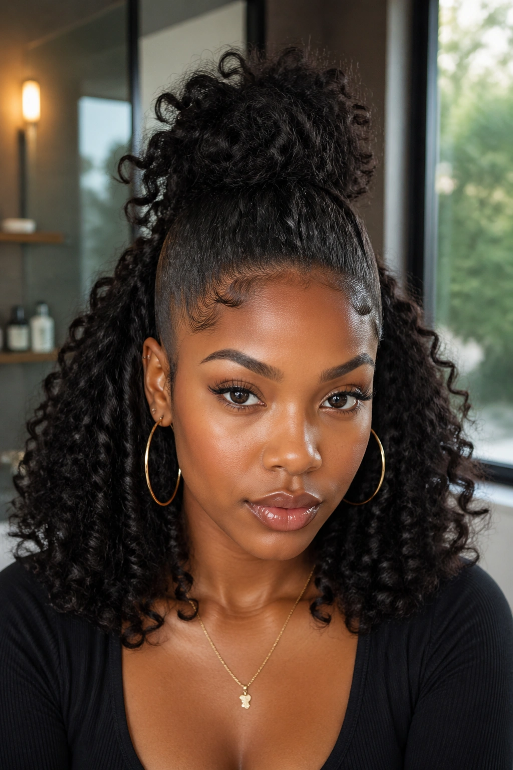 Close-up profile of a woman with a high half-up and tapered sides