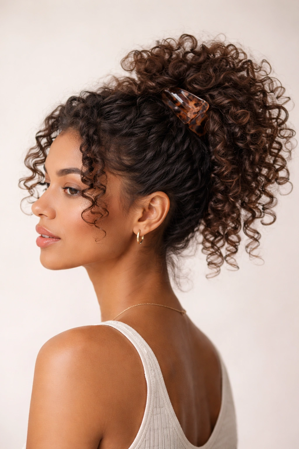 Front view of high-clipped crown showing curl pattern and lift