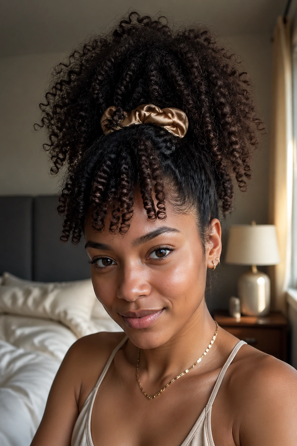 Close-up of a real woman with a high pineapple protective style for natural curls at night.