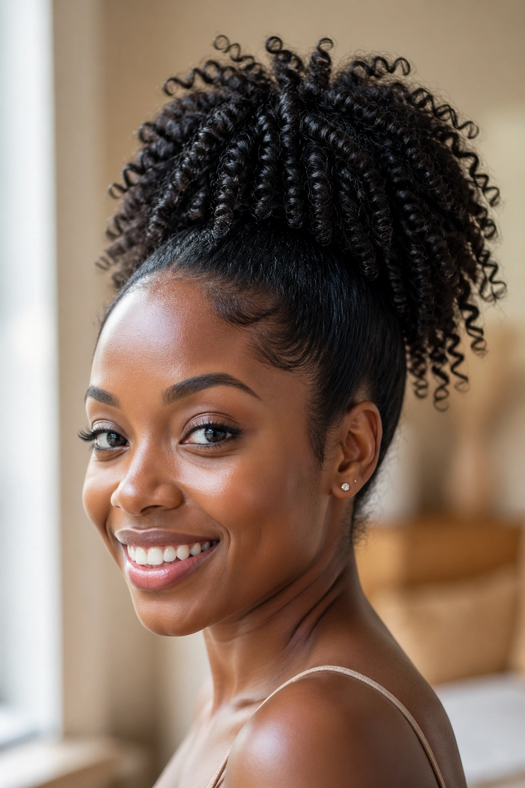 Close-up of a real woman with a coil-defining high ponytail at the crown