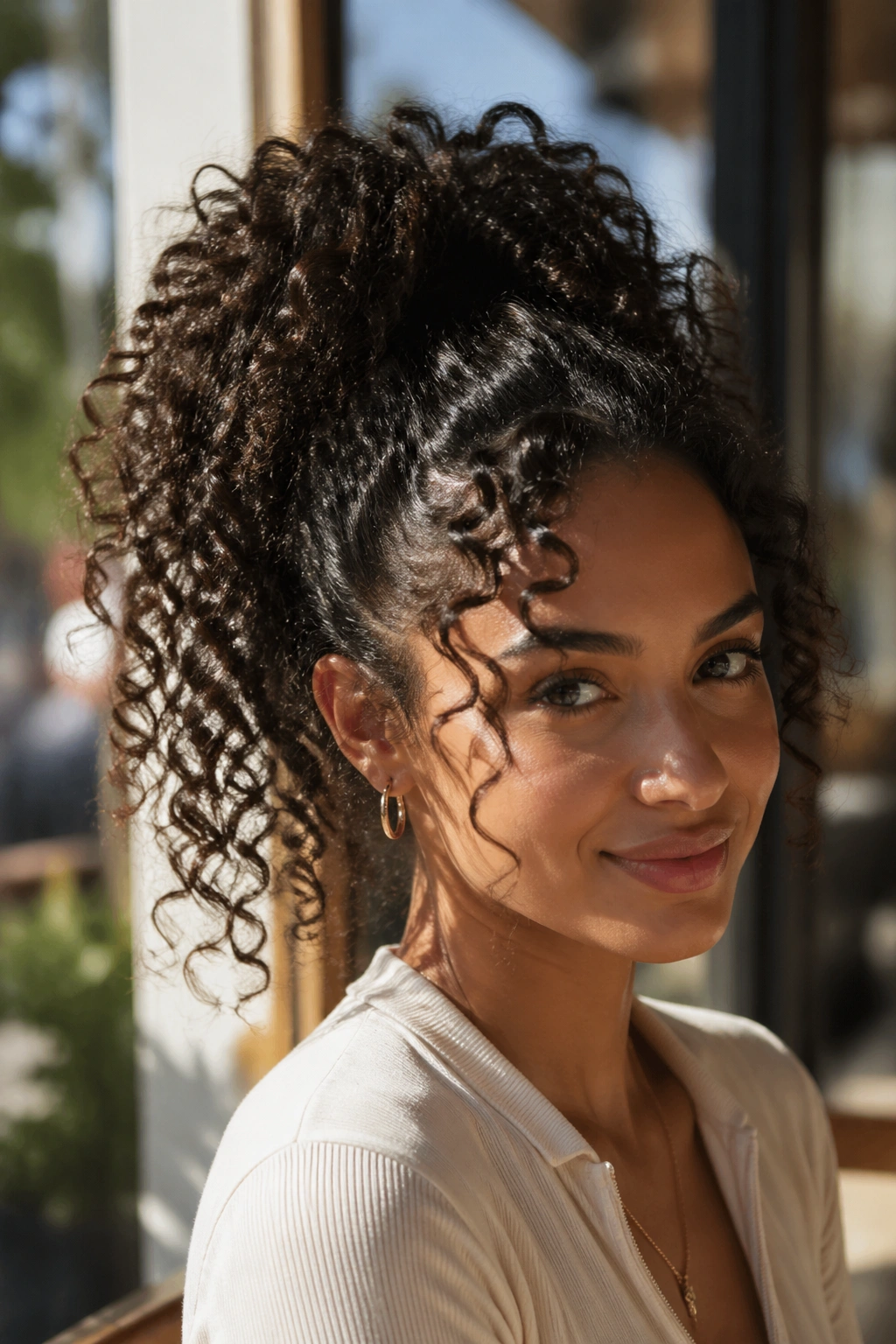 Close-up of a person with a high curly ponytail