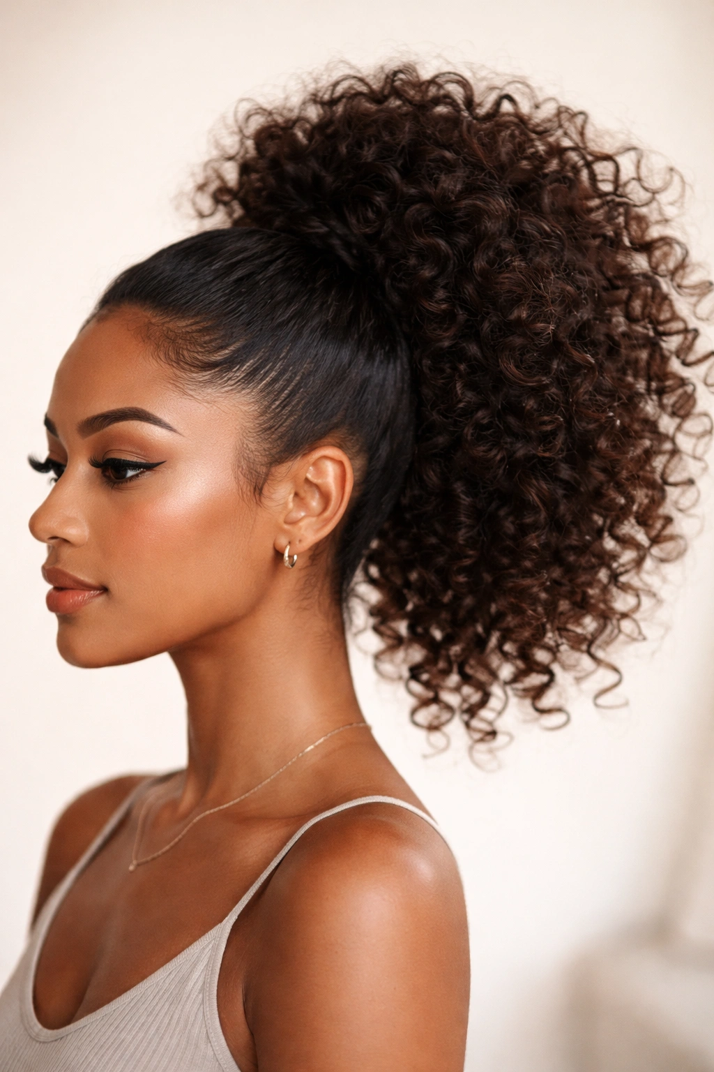 Close-up of high voluminous curly ponytail with crown placement and springy curls