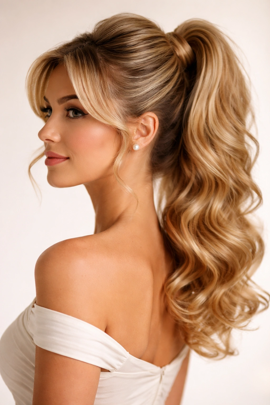 High ponytail with teased crown and curled ends on curly hair
