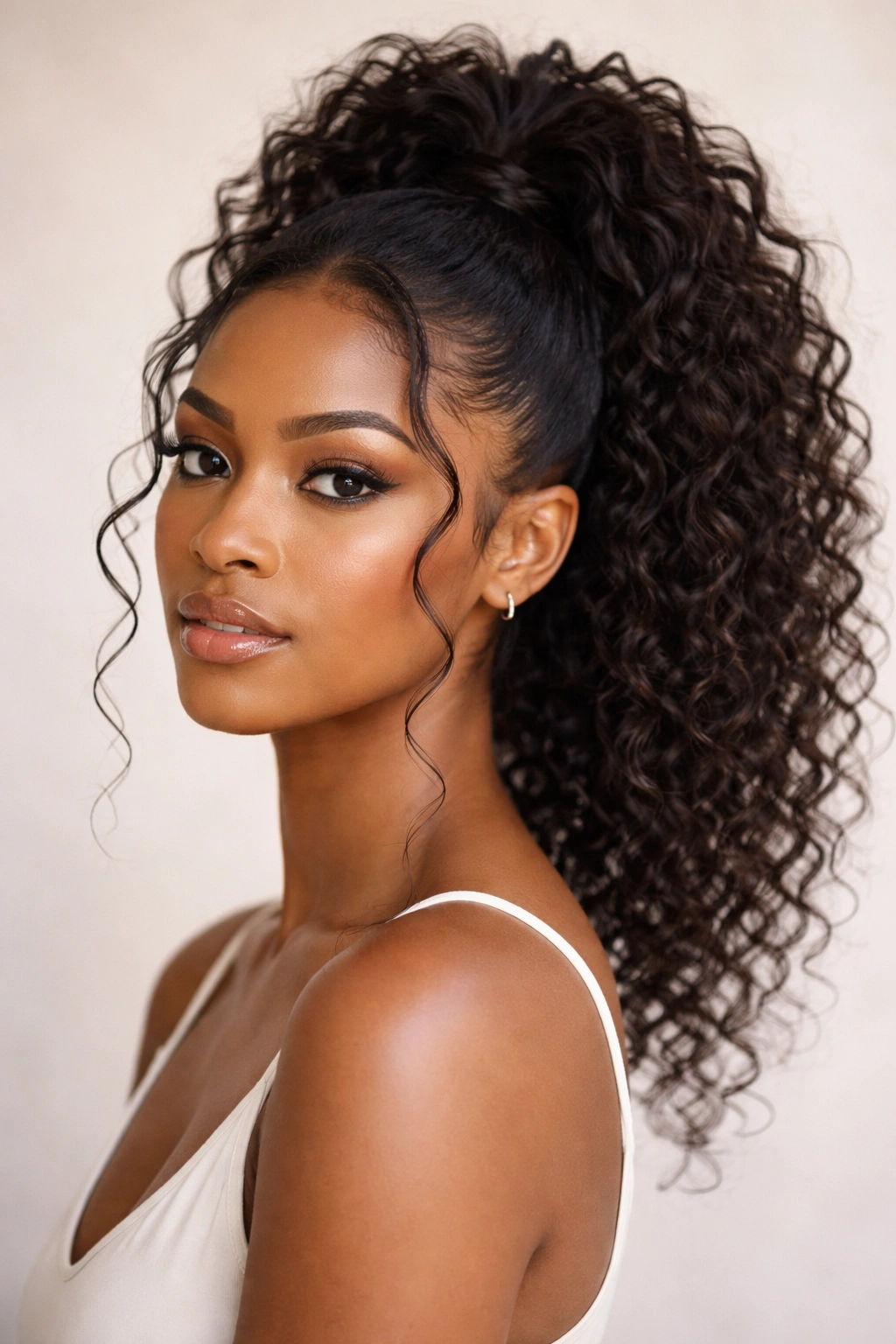 Close-up of a high curly ponytail with face-framing tendrils and soft lighting