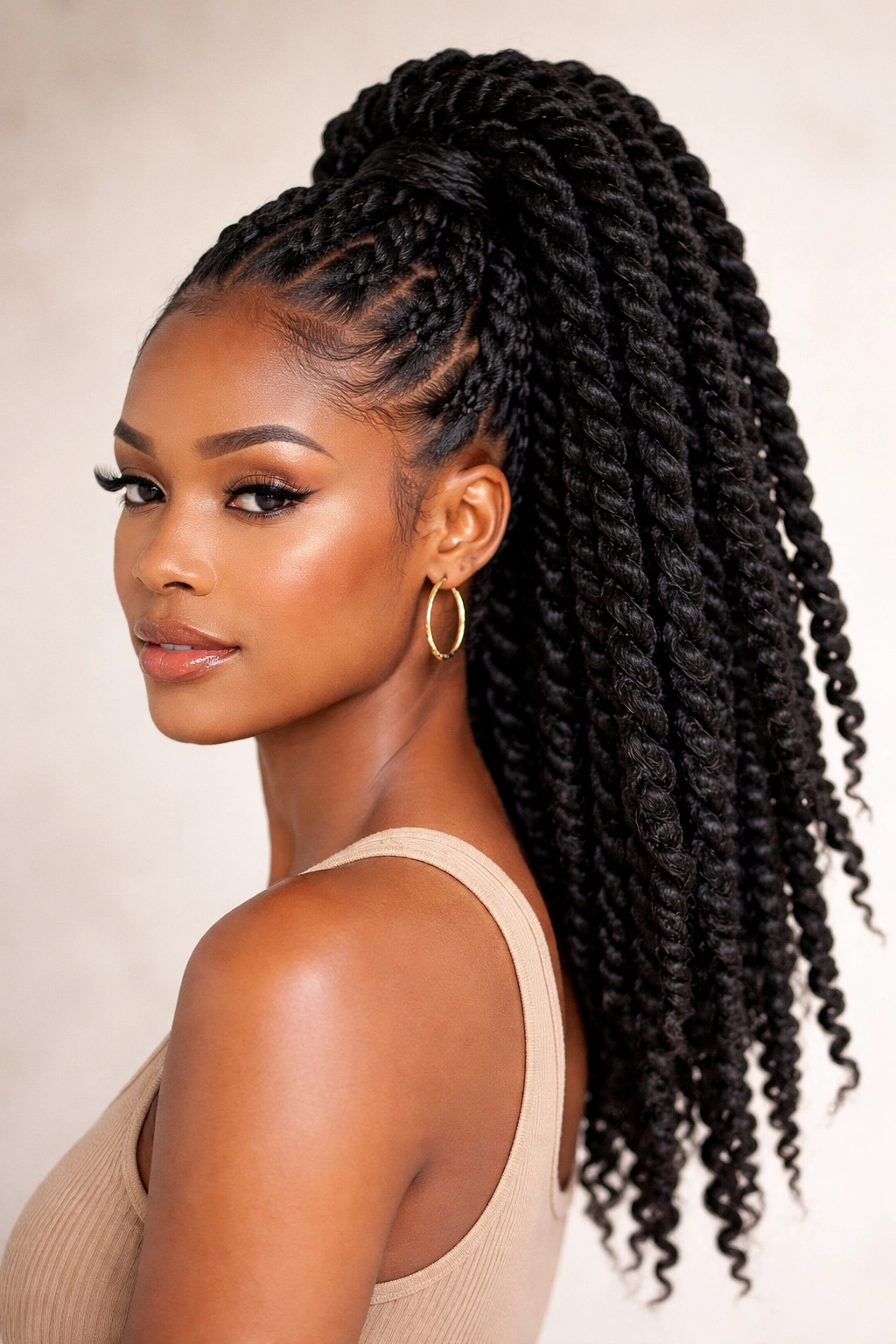 High ponytail with bulk twists showing lifted crown