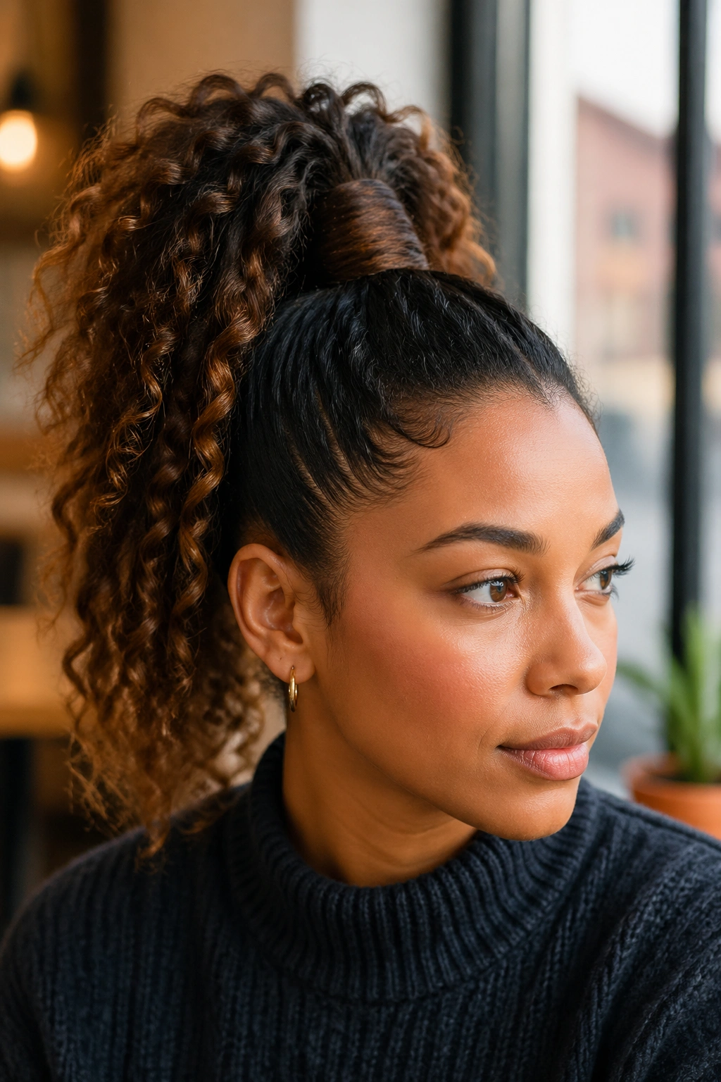 Back or side view close-up of a real woman with a high ponytail with a wrapped base