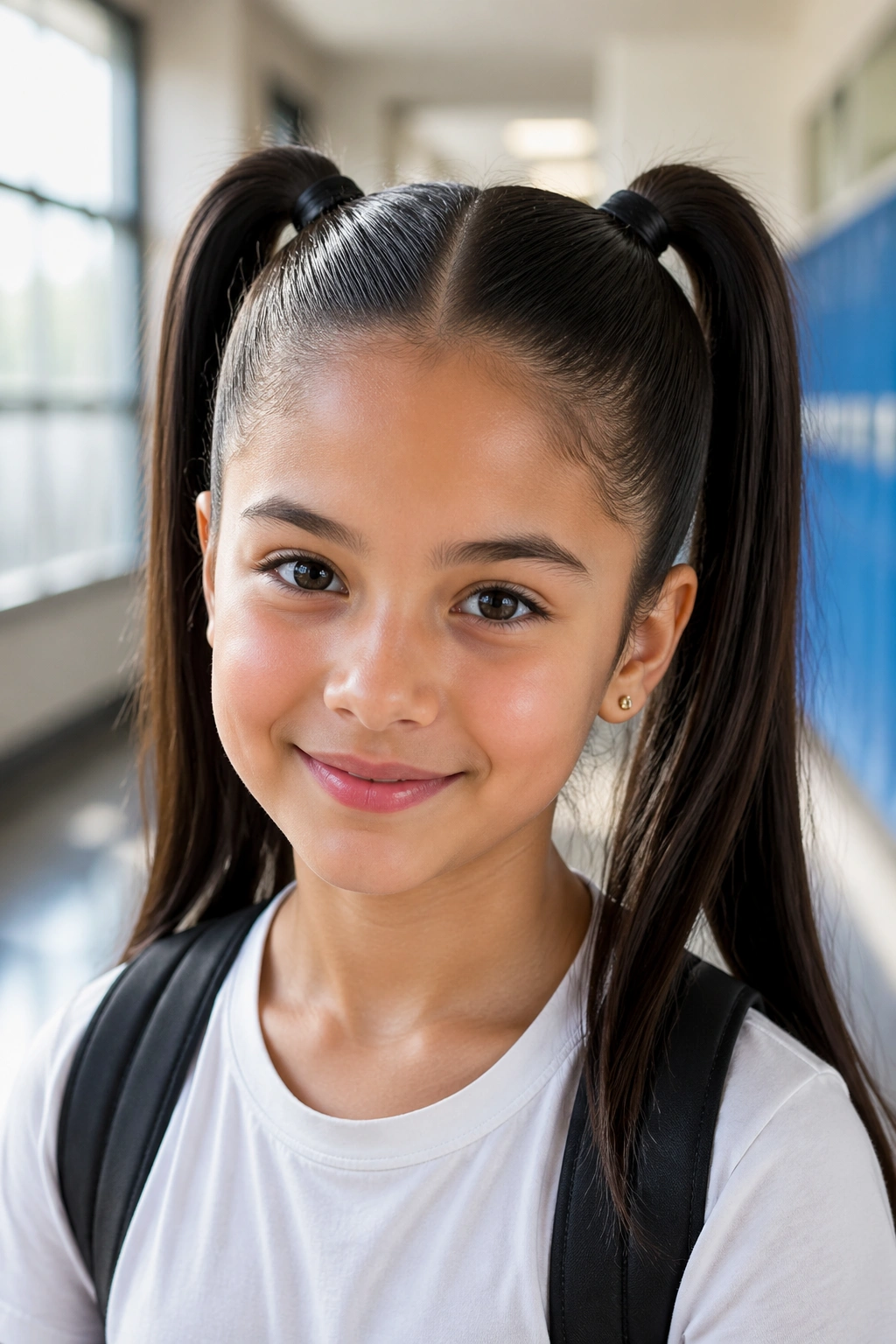 Close-up of a real student with two high sleek double ponytails in a school hallway