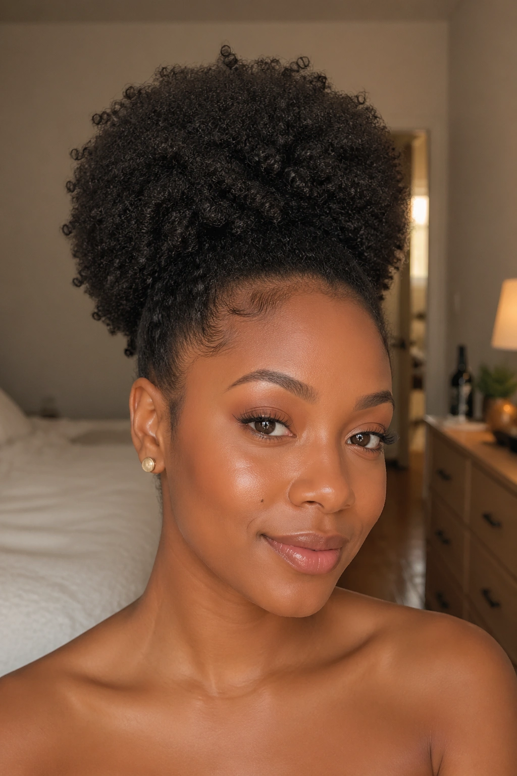 Close-up of a real woman with a high puff and defined 4A curls.