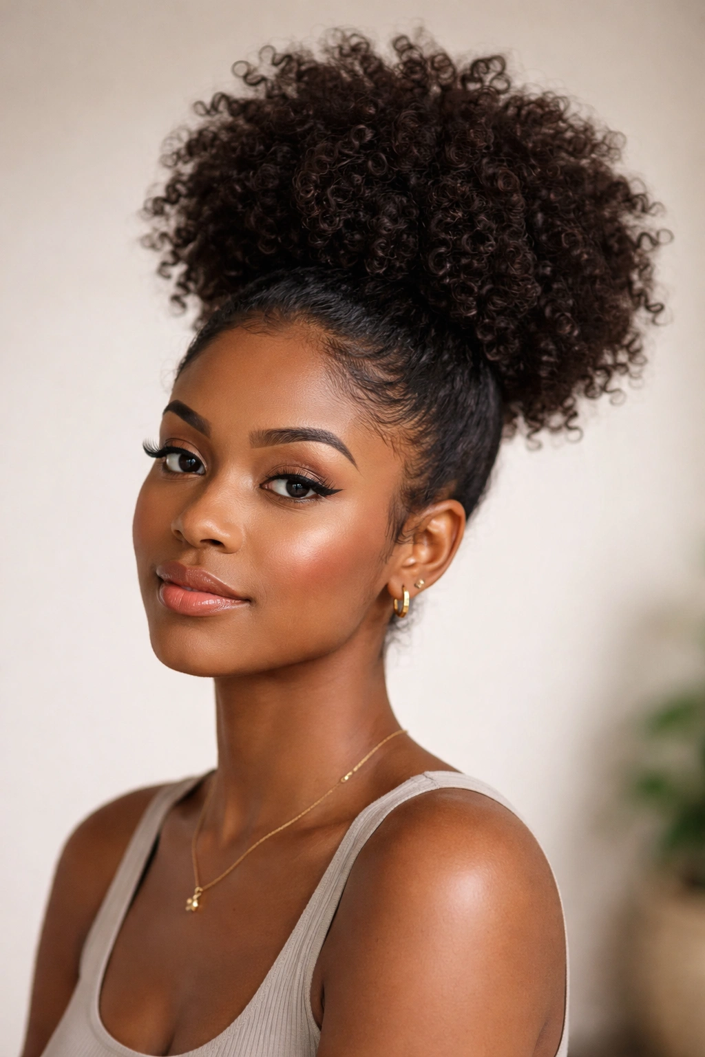 High curly afro puff on top of hair with lifted crown
