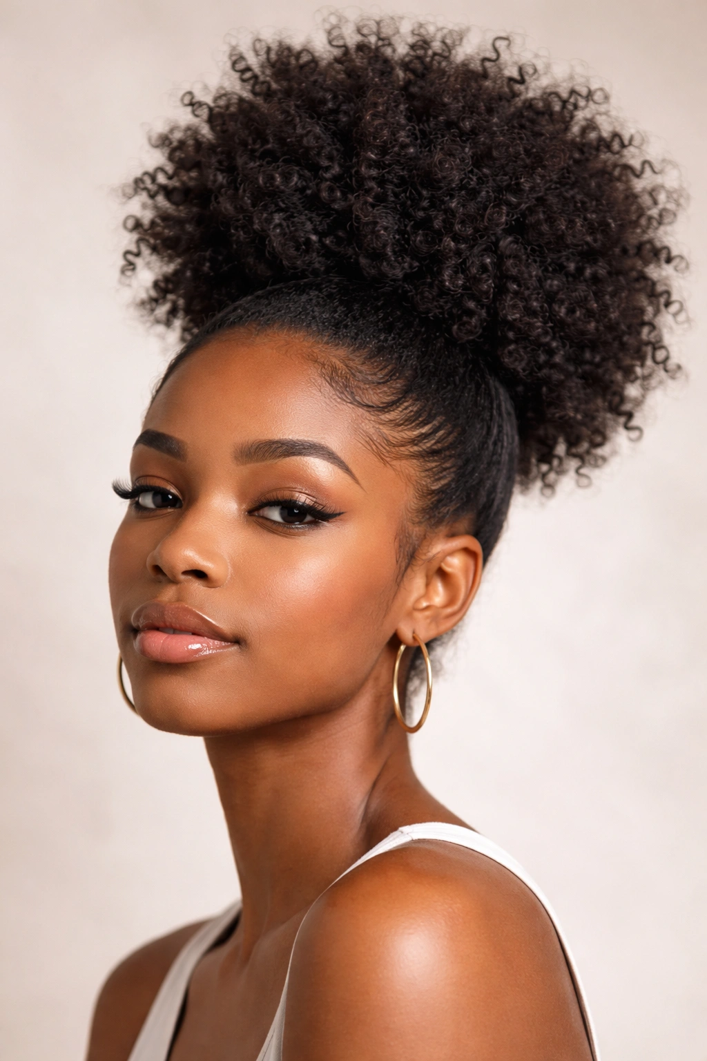 Close-up of a high puff afro hairstyle with crown volume and defined texture
