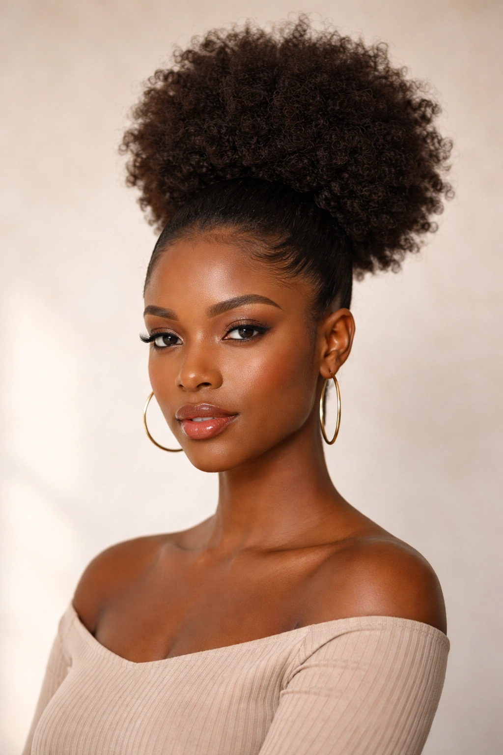 Portrait of a Black woman with a high puff Afro elevated at the crown.