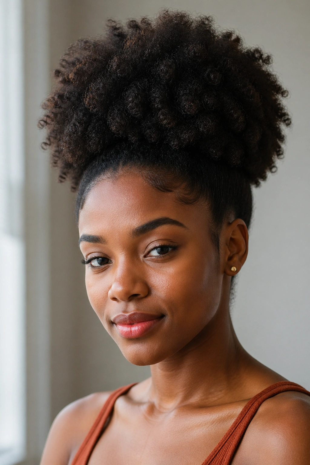High puff afro close-up portrait under window light