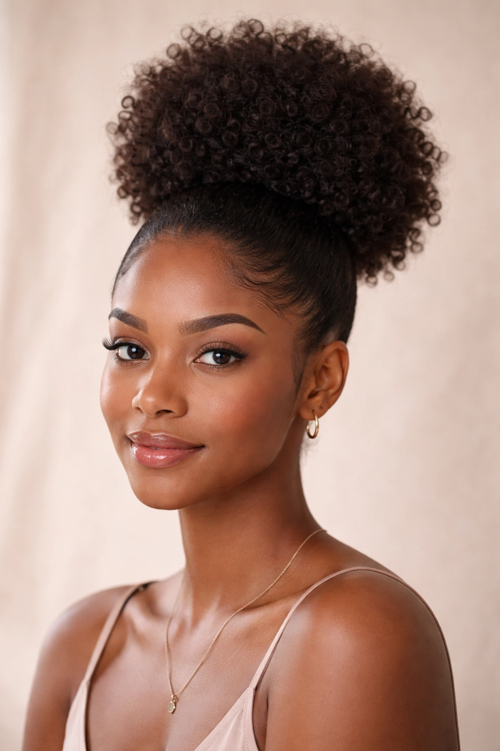 Close-up of a high puff Afro Bun on textured hair with crown lift