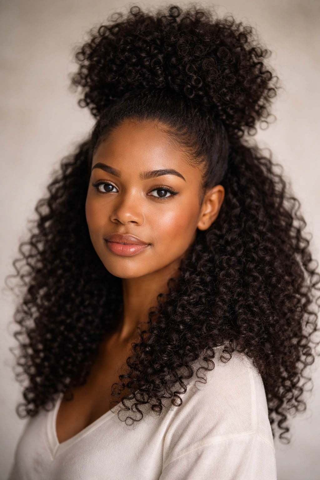 Close-up portrait of a person with a high puff Afro and loose length curls with a neutral studio background.