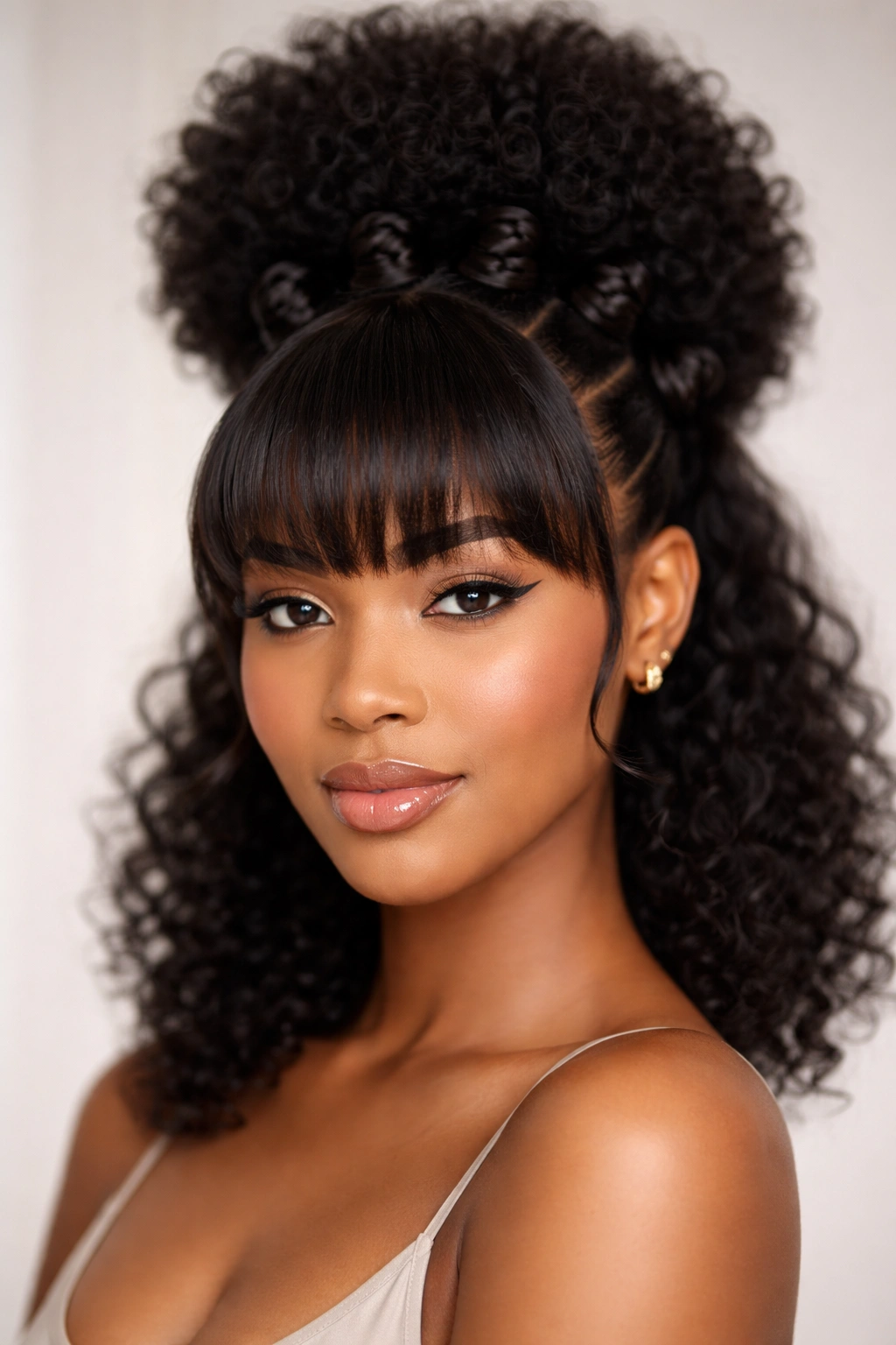 High puff bantu knot ponytail with rounded fringe