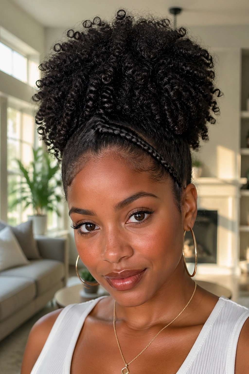 Close-up of a real woman with a high puff and a thin front braid accent