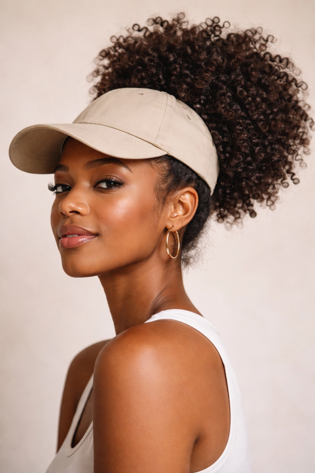Close-up of a high, rounded curl puff visible under a forward-tilted cap