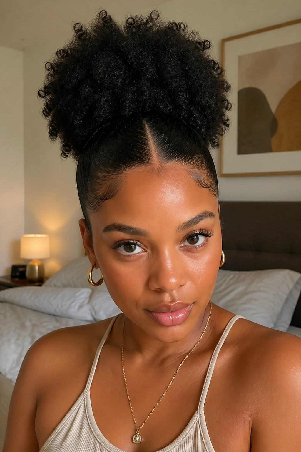 Close-up of a real woman with a high puff and visible center part