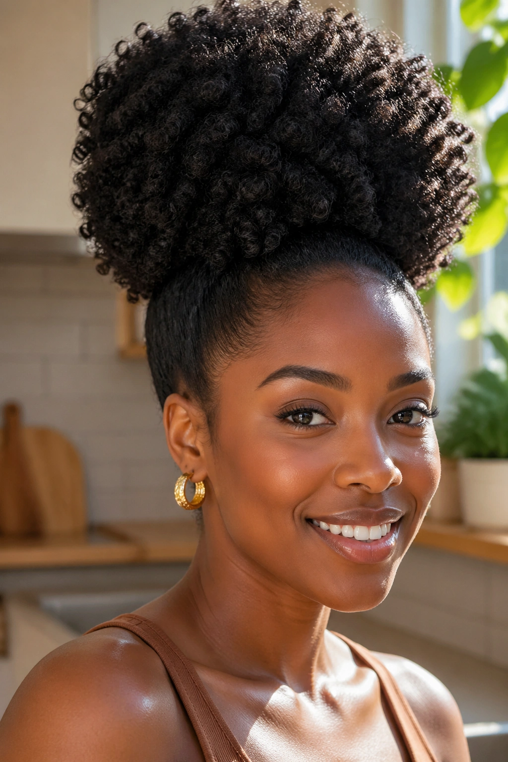 Portrait of a real person with high-puff crochet afro
